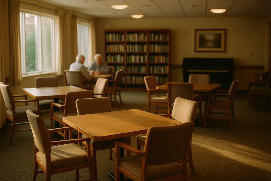 Community activity room with card tables, bookshelves and a piano