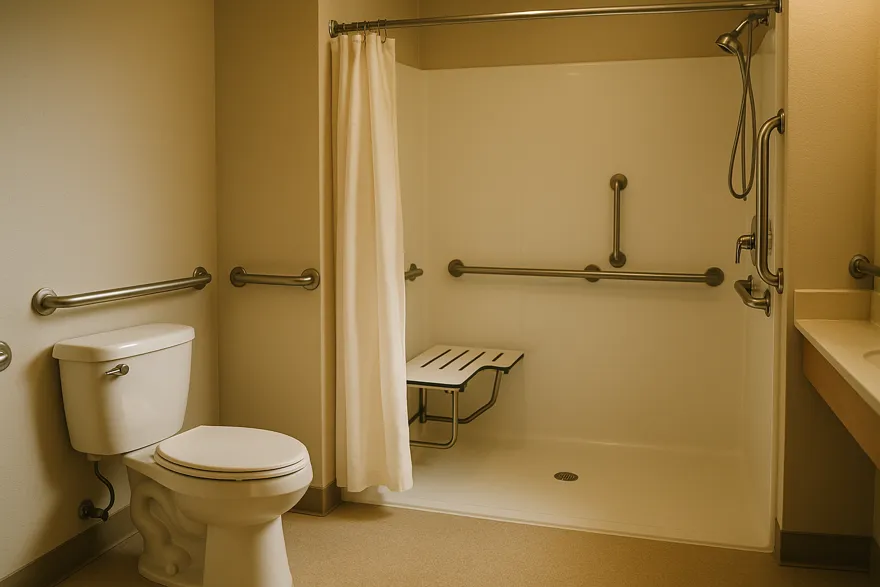 Accessible bathroom with grab bars, shower seat and non-slip flooring
