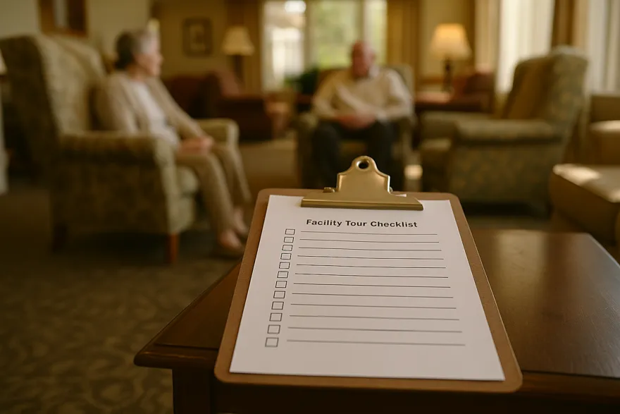Clipboard with a facility tour checklist resting on a lobby table