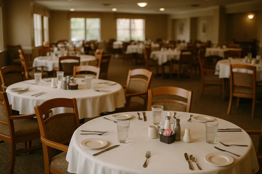 Community dining room with round tables set for lunch, empty and clean
