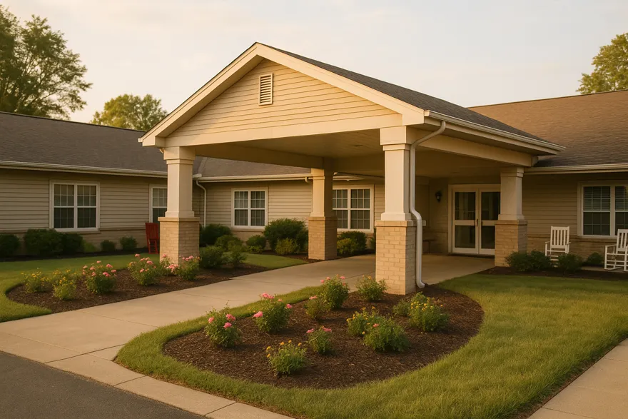 Single-story senior living community exterior with covered entrance and garden beds