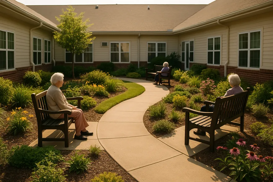 Enclosed courtyard garden with walking path and benches at a care community
