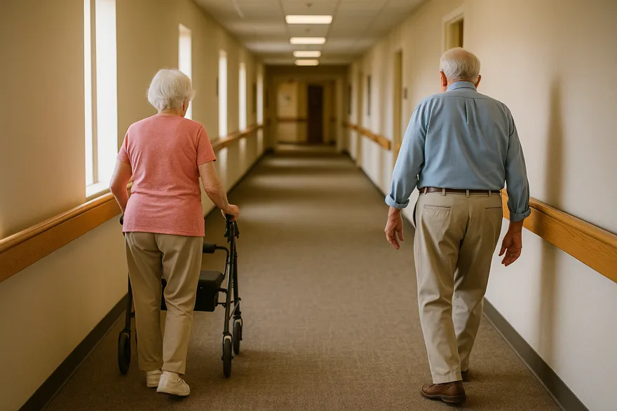 Wide, well-lit corridor in a care community with handrails on both walls