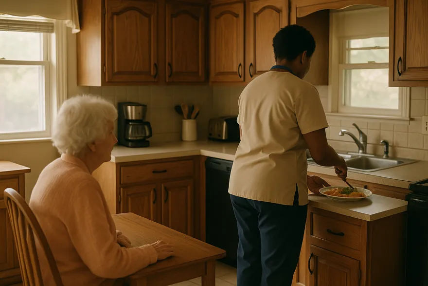 Caregiver preparing a meal in a home kitchen, seen from behind