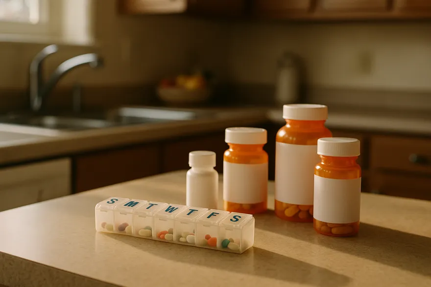 Weekly medication organizer and pill bottles on a kitchen counter