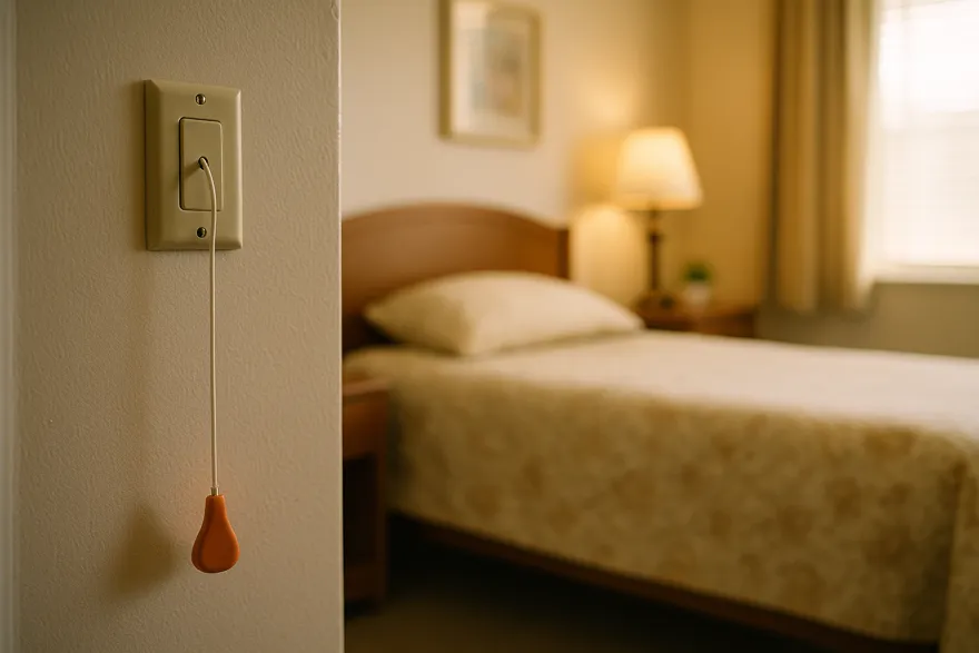 Emergency pull cord beside a bed in a senior living room