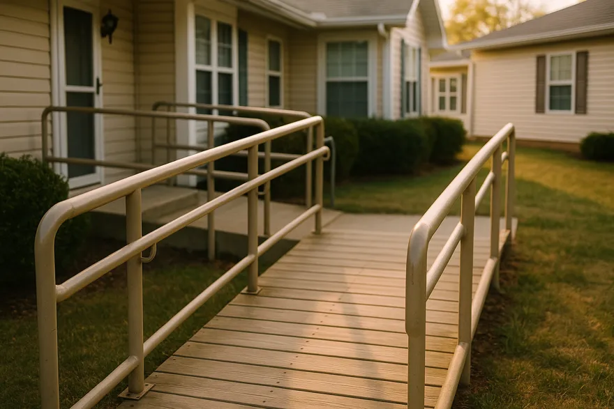 Wheelchair ramp with handrails at a residential entrance
