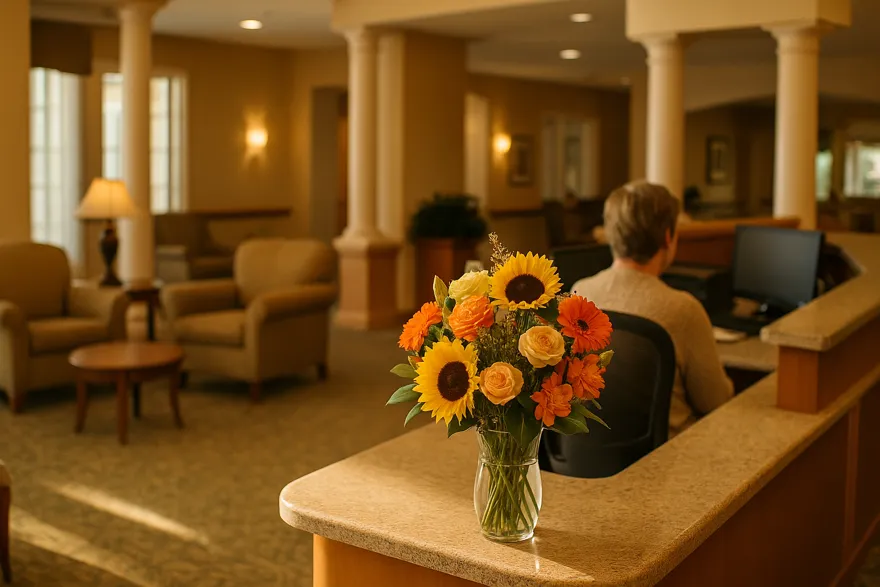 Reception desk area of a senior community with fresh flowers