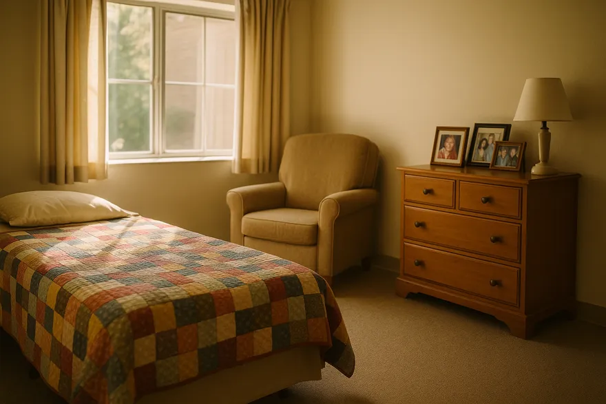Bright private room in a senior community with bed, armchair and family photos on the dresser