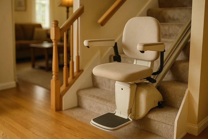 Stair lift installed along a staircase in a family home