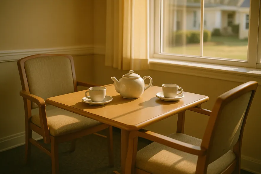 Table by a window set with tea for a family visit, two empty chairs