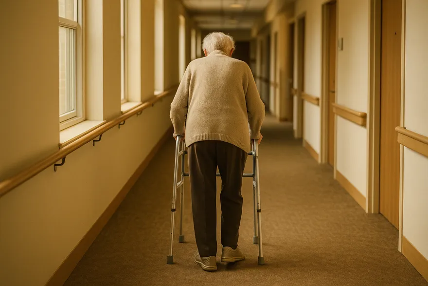 Senior using a walker down a handrail-lined corridor, seen from behind at a distance